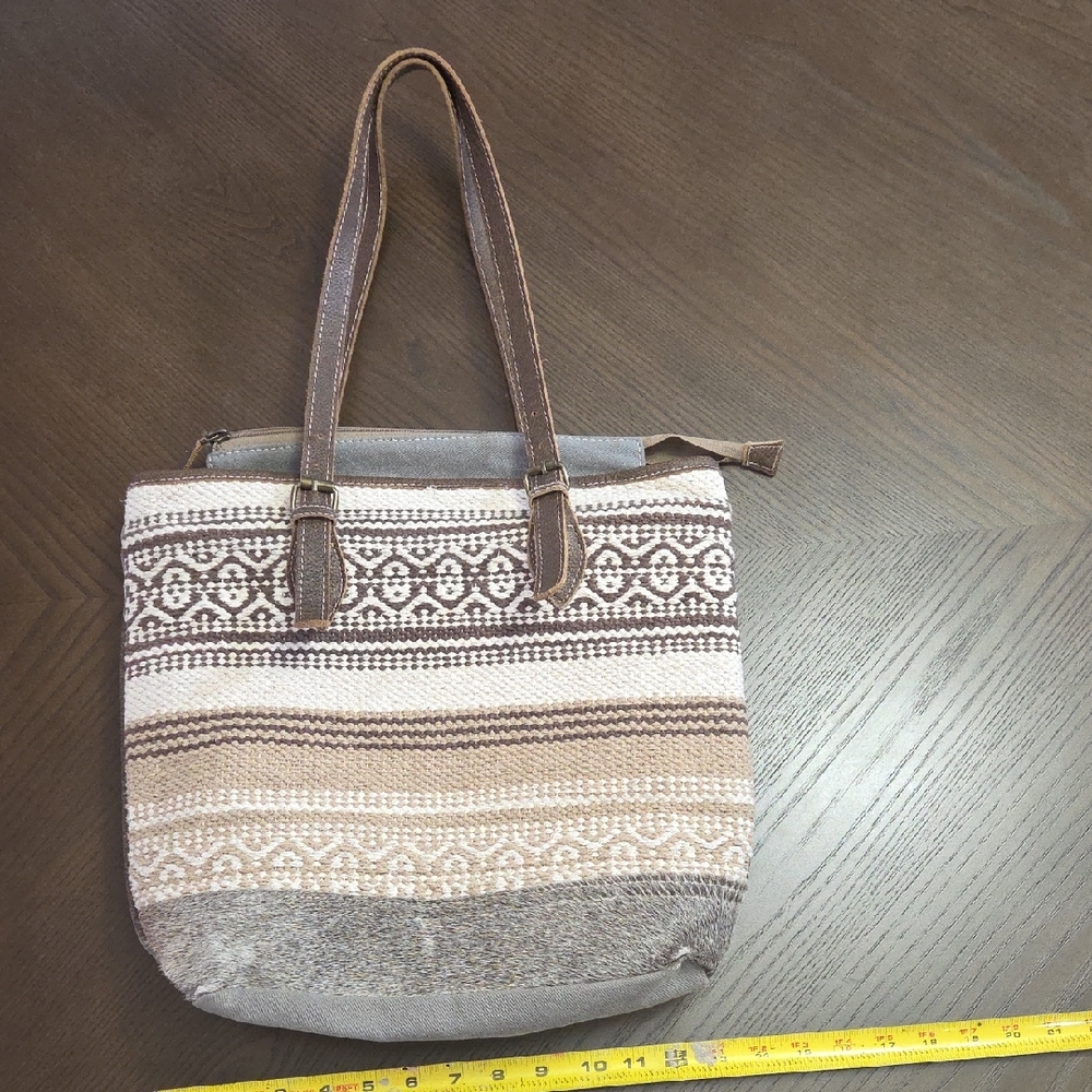 Myra Bag Tan and Gray Patterned Shoulder Bag